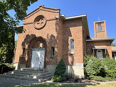 Presbyterian church, showing the original 1923 structure with later additions