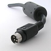 A male 4-pin "Kycon" power connector, which appears similar to a Mini-DIN connector Mini-DIN male 4-pin power connector.jpg