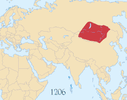 Pengembangan empayar Mongol 1206–1294 superimposed on a modern political map of Eurasia