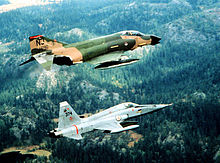 141st Squadron F-4D Phantom II with a Norwegian Air Force F-5 Freedom Fighter while deployed to NATO on 1 September 1982. NJANGandNorwayF-5.jpg
