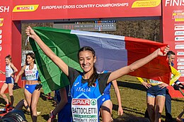 At the 2022 European Cross Country Championships in home Turin, Battocletti took her fourth consecutive continental age-group cross country victory. Nadia Battocletti at Turin 2022.jpg