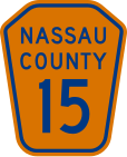 The former shield for CR 15; all Nassau County routes have been unsigned since the 1970s. Nassau County 15 NY.svg