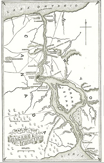 Niagara Peninsula, War of 1812 mapdepicting locations of forts, battles, etc.