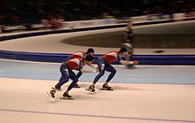 Wouter olde Heuvel, Erben Wennemars, and Sven Kramer training for team pursuit in Thialf. Oldeheuvel Wennemars Kramer.JPG