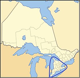 Carte administrative de l'Ontario ; la péninsule homonyme est entourée en bleu.