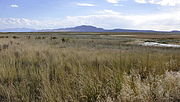 De heuvels van Antelope Island op de achtergrond terwijl Salt Lake op de voorgrond gedeeltelijk droog ligt ingevolge lage waterstand