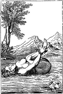 Gravering av en naken kvinne med hendene bundet til føttene som flyter på vannet.