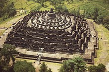 8th-century Borobudur Buddhist monument, Sailendra dynasty, is the largest Buddhist temple in the world. Panoramic views of Borobudur.jpg