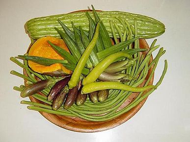 Pinakbet vegetables: bitter melon, calabaza squash, lady's finger, eggplants, string beans, and chili