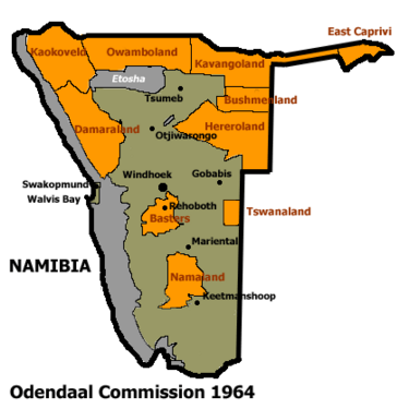 Allocation of land to bantustans according to the Odendaal Plan. Plan Odendaal.png