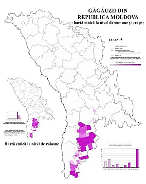 Дял на гагаузите, по населени места и райони (в %).