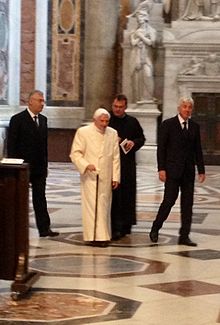 Benedict XVI in 2014, one year after his resignation. Pope emeritus Benedict XVI.JPG