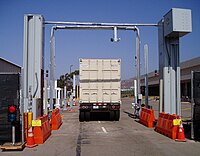 ポータル VACIS ガンマ線撮影装置によりコンテナ内部を検査する。 ※VACIS：Vehicle and Cargo Inspection System