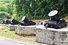 Preserved 13-inch Trench Mortars. Originally displayed at the Victoria Memorial Hall, these were donated to Fort Siloso in 1969. Preserved 13-inch Trench Mortars.jpg