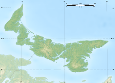 Mapa konturowa Wyspy Księcia Edwarda, blisko centrum na dole znajduje się punkt z opisem „Charlottetown”