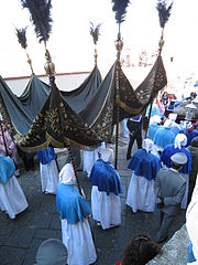 Seguendo i misteri, alcuni confratelli trasportano il Pallio Funebre in processione