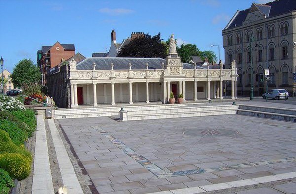 Queen Anne's Walk, Barnstaple, south front. Immediately left is the River Taw. Before being filled-in, the large sunken rectangular paved area in fron