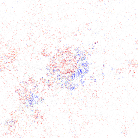 Map of racial distribution in Greensboro, 2010 U.S. census. Each dot is 25 people: .mw-parser-output .legend{page-break-inside:avoid;break-inside:avoid-column}.mw-parser-output .legend-color{display:inline-block;min-width:1.25em;height:1.25em;line-height:1.25;margin:1px 0;text-align:center;border:1px solid black;background-color:transparent;color:black}.mw-parser-output .legend-text{}⬤ White ⬤ Black ⬤ Asian ⬤ Hispanic ⬤ Other