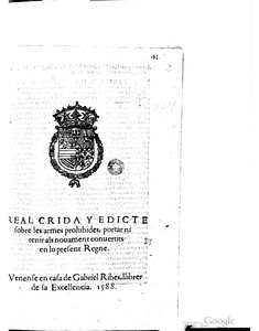 Real crida y edicte sobre les armes prohibides del comte d'Aitona (1588)