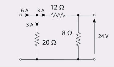 The previous attenuator showing port 1 current splitting to 3 A in each branch Reciprocity example ports 1 to 2.svg