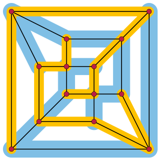 Partition of the graph of a rhombic dodecahedron into two linear forests, showing that its linear arboricity is two Rhombic dodecahedron linear arboricity.svg