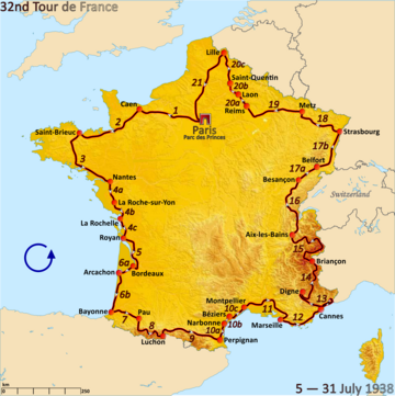 Parcours du Tour de France 1938 suivi dans le sens inverse des aiguilles d'une montre, au départ de Paris