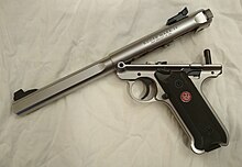 MK IV partially disassembled; note hinge between receiver and grip frame Ruger MK IV breakdown.jpg