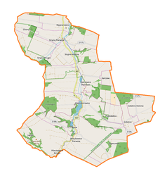 Mapa konturowa gminy Rybczewice, na dole nieco na prawo znajduje się punkt z opisem „Zygmuntów”