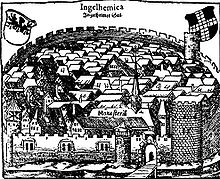 Münsters Geburtsort Nieder-Ingelheim. Aus der Cosmographia (1628).