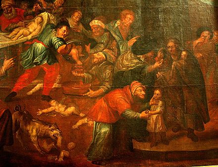 Painting in Sandomierz Cathedral, Poland, depicts Jews murdering Christian children for their blood, ~ 1750