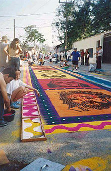 Sawdust carpets of Comayagua during Easter celebrations Saw dust carpet Comayagua Honduras (1).jpg