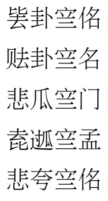 Sawndip is not standardized. Here are the same four Standard Zhuang words—bae 𭆛/[⿰贝去]/悲/[⿱去比] 'go', gvaq 卦/瓜/𮞖 'pass', ranz 𭓨 'house', mwngz 佲/名/门/孟 'you'—as written in five modern Pingguo sources. These agree on the choice of sawndip character for only one of the four words, ranz 𭓨 'house'.