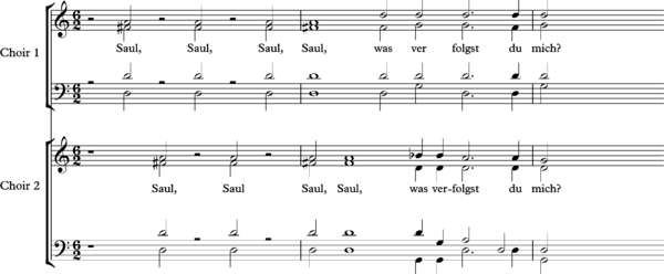 Schutz, Saul, entry of two choirs. Listen Schutz, Saul.png