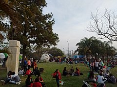 Sculptures from several contests at a crowded 2 de Febrero park