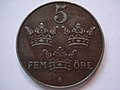 Una moneda de corona sueca de hierro de 1950, con un valor nominal de 5 öre