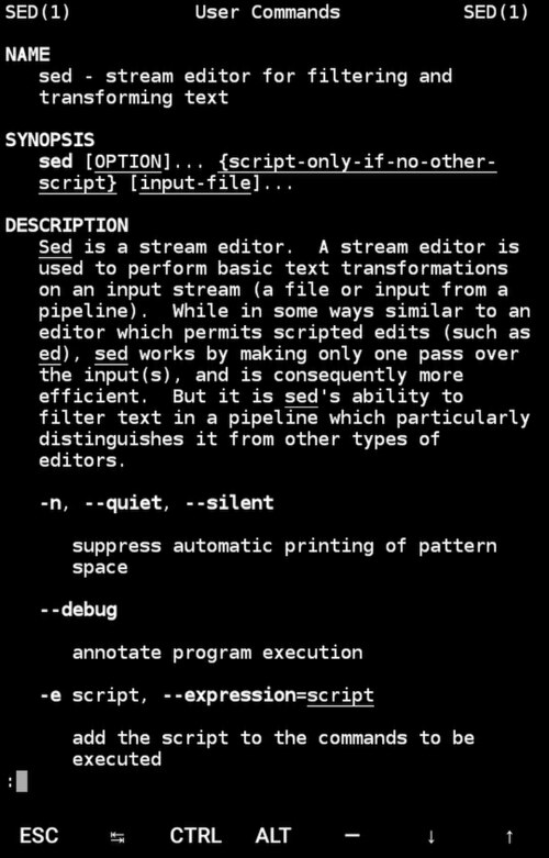 The man page for the sed utility, as seen in various Linux distributions.