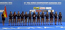 Line-up of the Spain women's national water polo team at the 2013 World Aquatics Championships. From left to right: Jennifer Pareja (captain), Laura Ester, Marta Bach, Anni Espar, Roser Tarrago, Matilde Ortiz, Lorena Miranda, Maria del Pilar Pena, Andrea Blas, Ona Meseguer, Maica Garcia Godoy, Laura Lopez, Patricia Herrera. Spanish national team waterpolo female.JPG