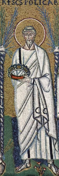 Mozaika Sant'Apollinare Nuovo, Ravenna. Detail „Procesí sv. mučedníků“: Polykarp (autor mistr ze Sant'Apollinare, r. 526)