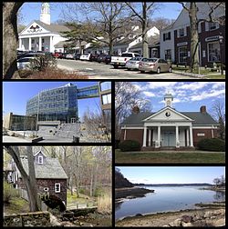 Tepeden saat yönünde Stony Brook Köy Merkezi, Long Island Müzeleri'ndeki sanat binası, Stony Brook Limanı, c.  1751 Stony Brook Grist Mill ve Stony Brook Üniversitesi'ndeki Simons Geometri ve Fizik Merkezi