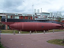 One of the first submarines with diesel-electric transmission, HMS Hajen, on display outside Marinmuseum in Karlskrona Submarine Hajen 1.jpg