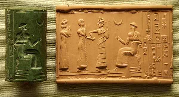 Sumerian cylinder seal, dated c. 2400 BC, showing the Moon god as a crescent symbol