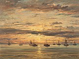 Hendrik Willem MesdagDutch, 1831 - 1915Sunset at Scheveningen: A Fleet of Fishing Vessels at Anchor1894oil on canvasoverall: 95.89 x 127 cm (37 3/4 x 50 in.)Paul Mellon Fund and the Frank Anderson Trapp Fund2012.48.1