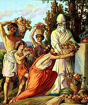 offering of firstfruits (illustration from a Bible card published between 1896 and 1913 by the Providence Lithograph Company) Thank offering unto the Lord.jpg