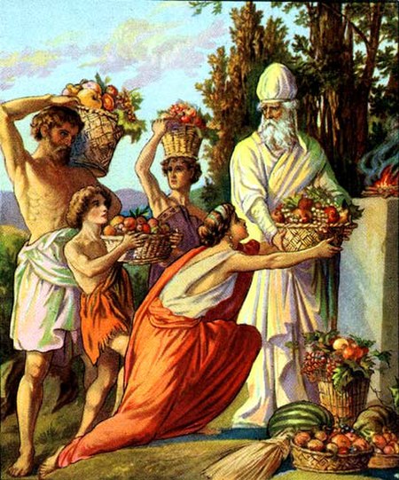 Offering of the first fruits, illustration from a Bible card