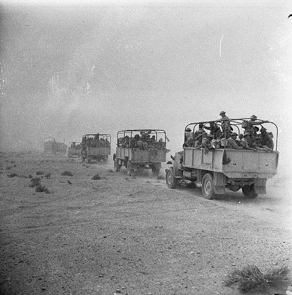 Lorries carrying men of the 2nd Battalion, Highland Light Infantry towards the front line, 9 June 1942.