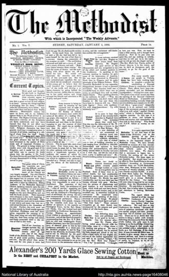 Front page of The Methodist on 2 January 1892. The Methodist 2 January 1892.PNG