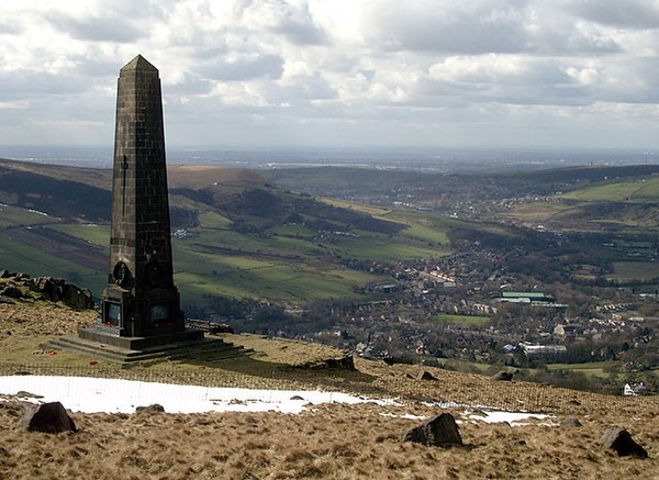 The Obelisk on Alderman's Hill overlooking Greenfield towards Oldham