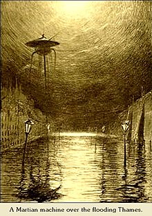 Martian machine over the flooded Thames. Illustration from H. G. Wells' The War of the Worlds (1898)