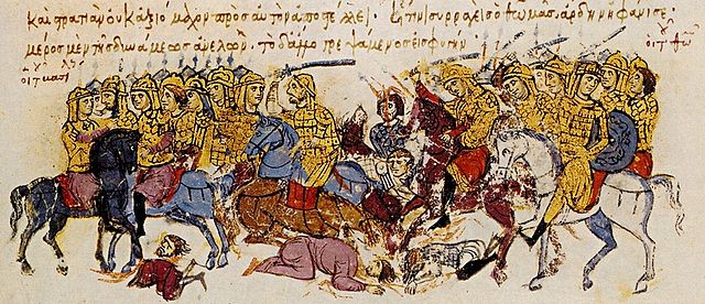 Thomas's troops defeat the forces loyal to Michael II. Miniature from the Madrid Skylitzes.