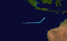 Track map of Tropical Cyclone Tim (13S). The storm formed northwest of Australia and initially traveled to the southwest before curving to the west and dissipating.